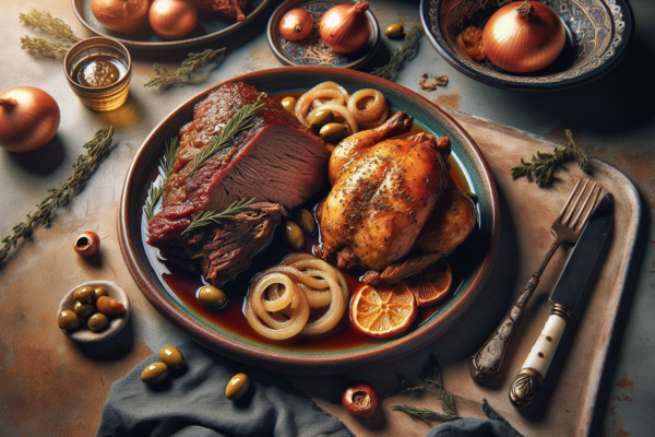 Exquisite Shabbat Beef Brisket with Onion Gravy and Moroccan Chicken with Olives