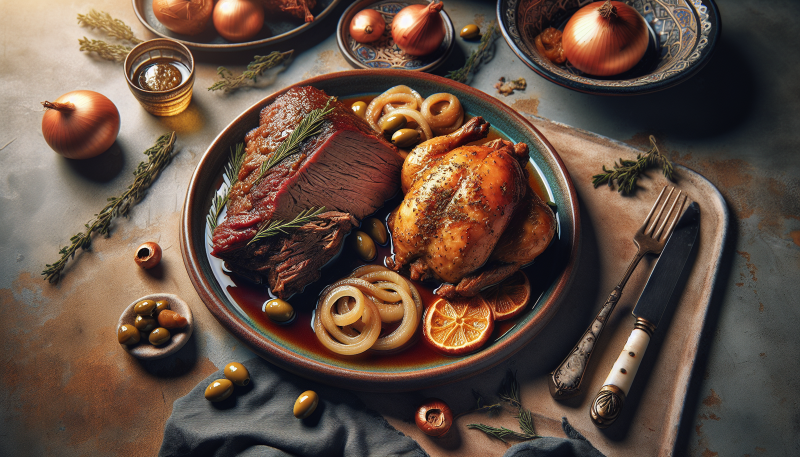 Exquisite Shabbat Beef Brisket with Onion Gravy and Moroccan Chicken with Olives - Jewish recipe