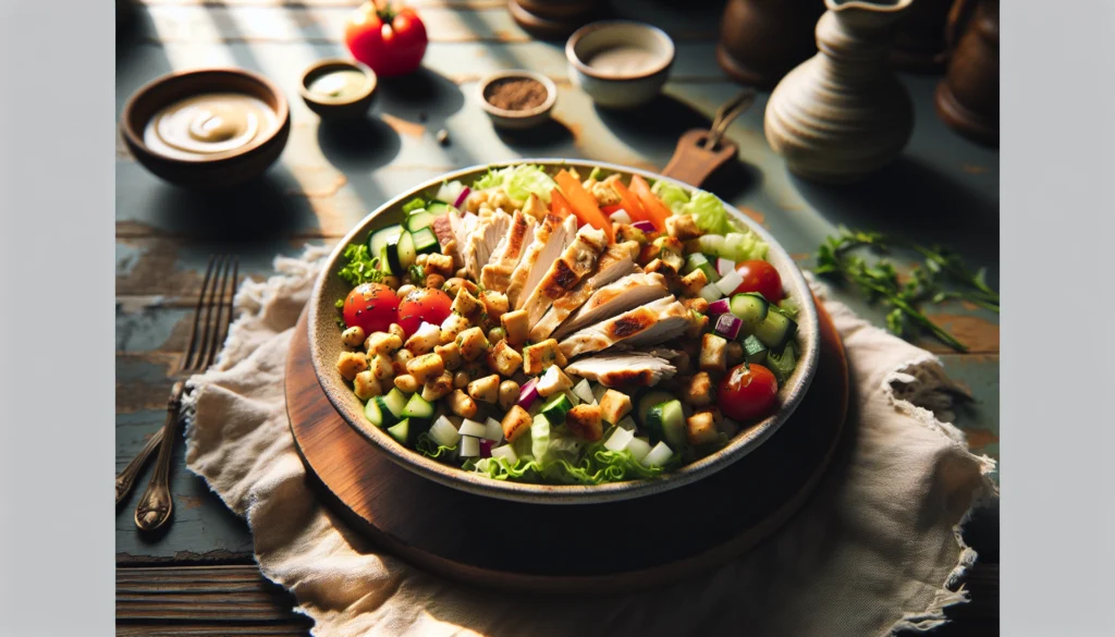 Kosher Chicken Shawarma Salad with Crunchy Vegetables and Tahini Dressing - Middle Eastern recipe