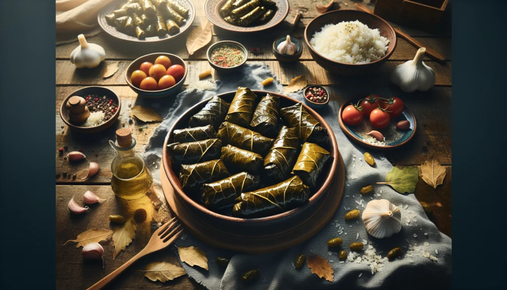 Traditional Kosher Stuffed Grape Leaves (Dolma) with Rice and Herbs - Middle Eastern recipe