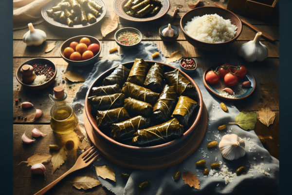 Traditional Kosher Stuffed Grape Leaves (Dolma) with Rice and Herbs