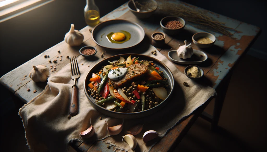 Warm Lentil and Roasted Vegetable Salad with Garlic Vinaigrette - Mediterranean recipe