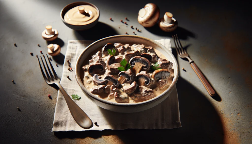 Classic Kosher Beef and Mushroom Stroganoff with Rich Cream Sauce - European recipe