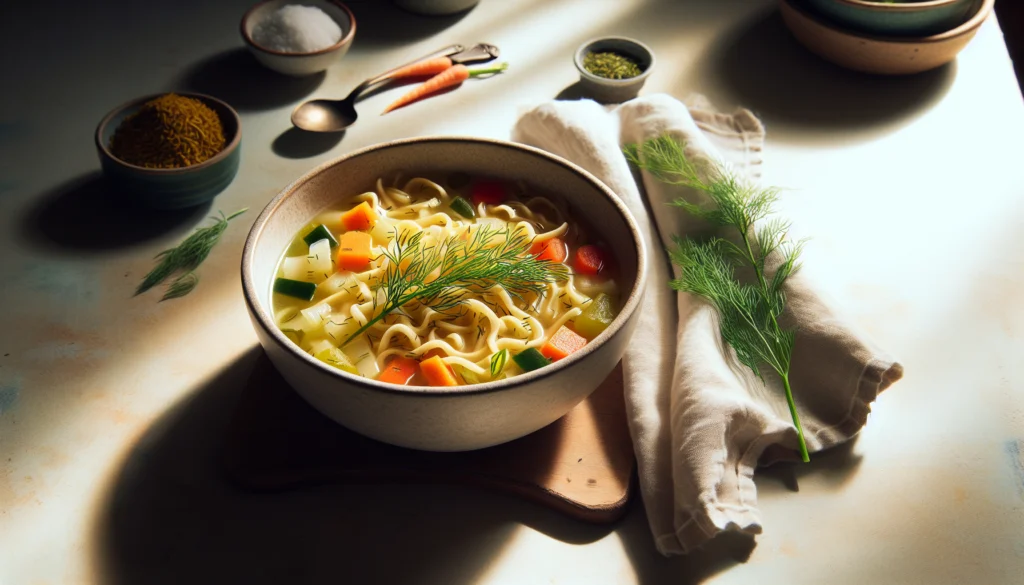 Classic Kosher Chicken Noodle Soup with Tender Vegetables and Fresh Dill - Jewish recipe