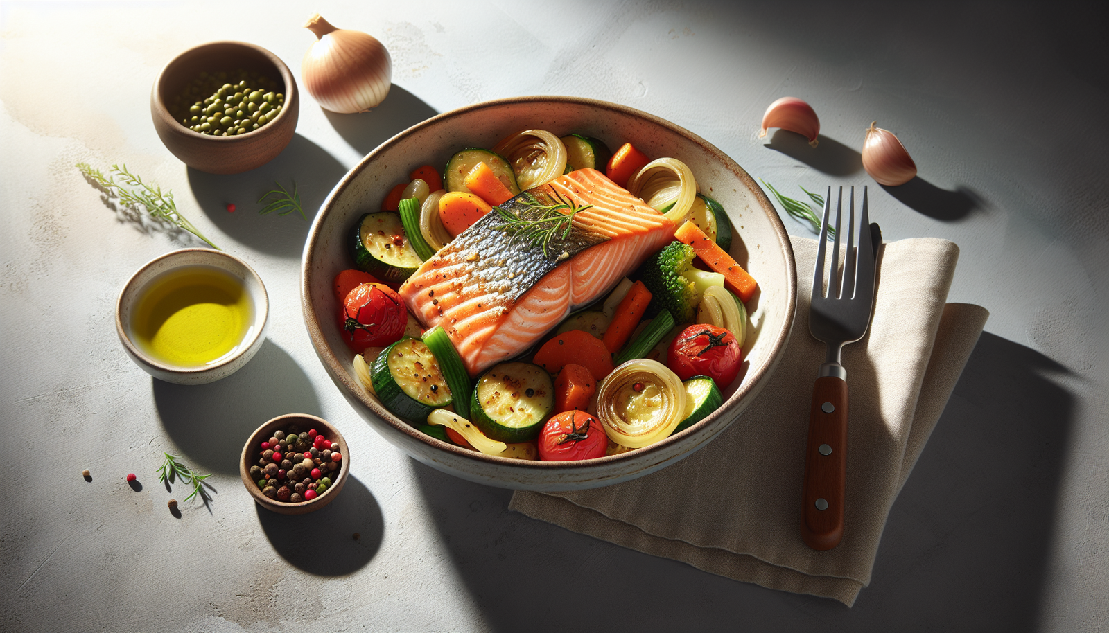 One Pan Baked Salmon with Vegetables - Healthy Kosher Dinner - Mediterranean recipe
