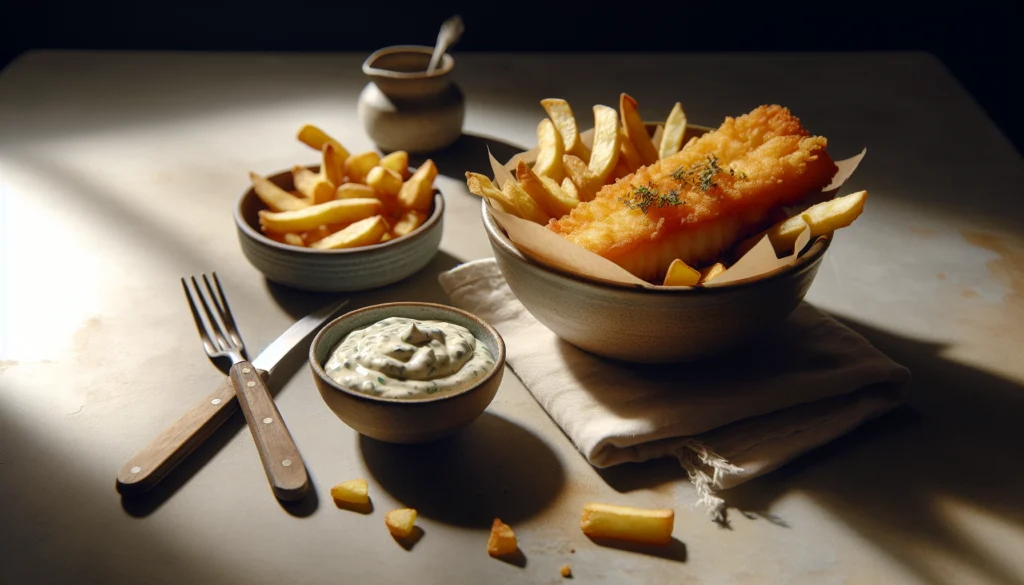 Crispy Baked Fish and Chips with Homemade Tartar Sauce - British recipe
