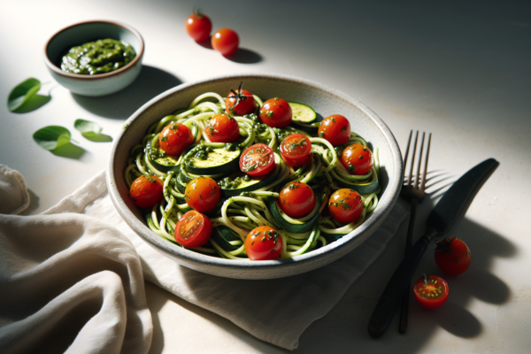 Easy Kosher Zucchini Noodles With Pesto And Cherry Tomatoes