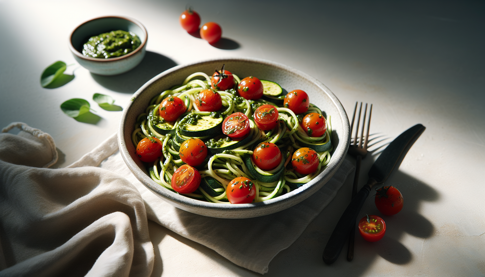 Easy Kosher Zucchini Noodles With Pesto And Cherry Tomatoes - Mediterranean recipe