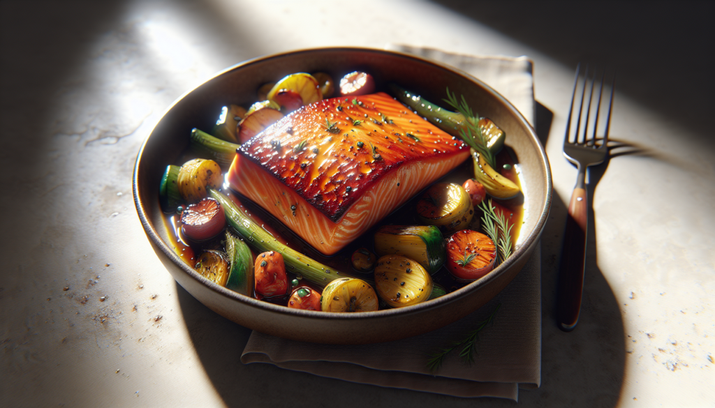 One Pan Honey Glazed Salmon with Roasted Vegetables - American recipe