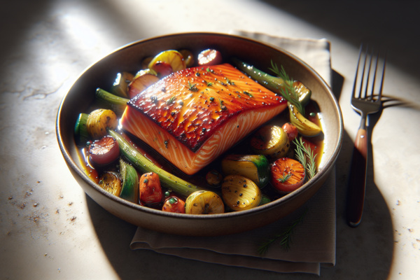 One Pan Honey Glazed Salmon with Roasted Vegetables