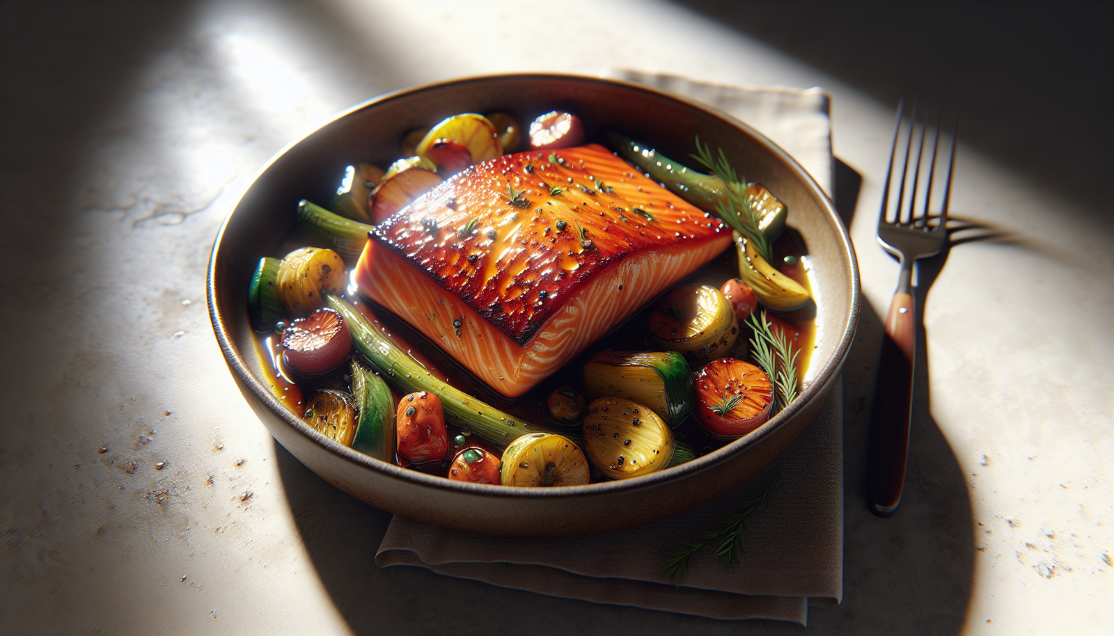 One Pan Honey Glazed Salmon with Roasted Vegetables - American recipe