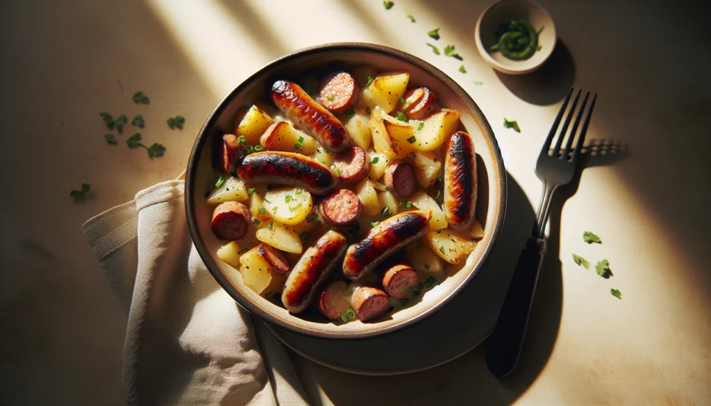 One Pan Kosher Sausage and Potato Bake Recipe - Jewish recipe