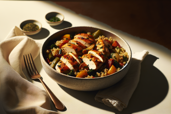 One Pan Mediterranean Kosher Chicken and Quinoa Skillet