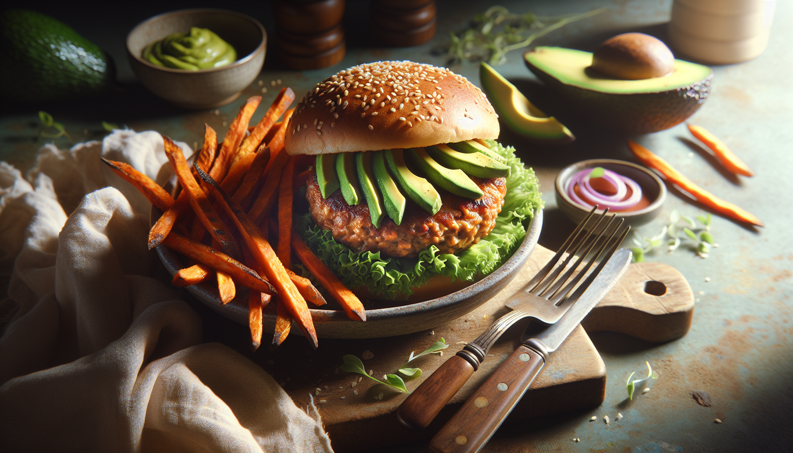 Perfect Kosher Turkey Burgers with Avocado & Sweet Potato Fries - American recipe