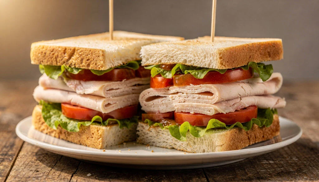Classic Kosher Turkey Club Sandwich with Crispy Turkey Bacon