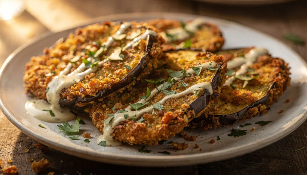 Crispy Baked Eggplant Schnitzel with Garlic Tahini - Kosher Plant-Based Comfort
