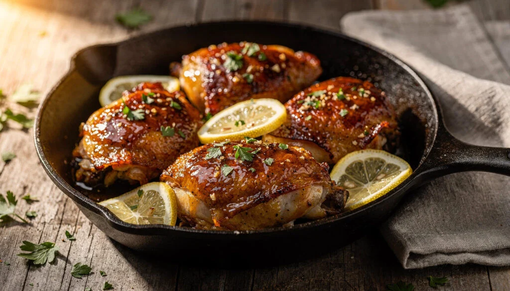 One Pan Honey Garlic Glazed Chicken Thighs - Crispy Kosher Weeknight Dinner
