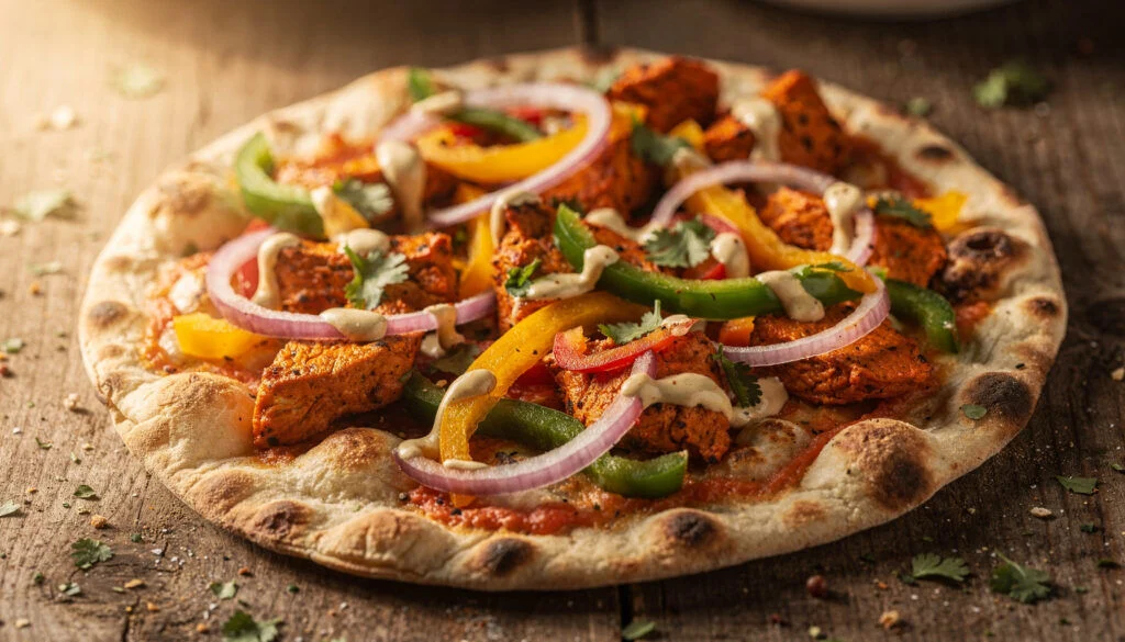 One Pan Kosher Chicken Tikka Pizza With Naan Crust
